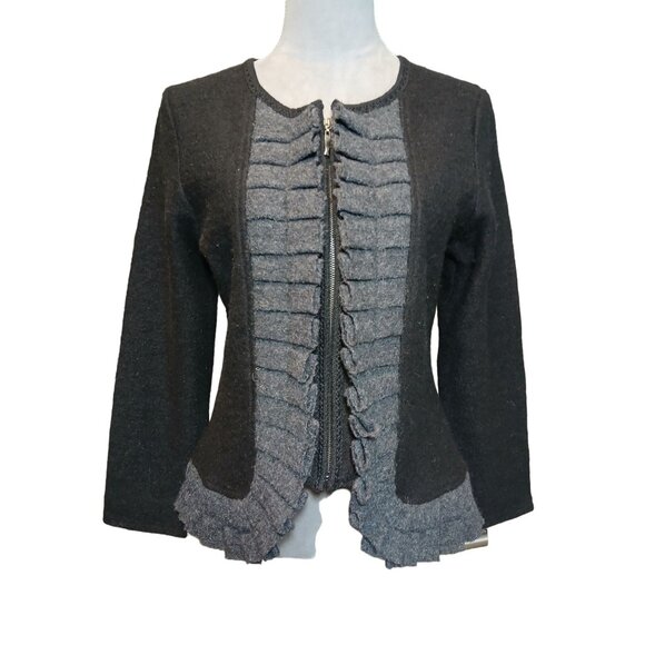 A Giannetti 100% Boiled Wool Sweater Blazer Full Zip Ruffle Trim Academia Medium - Picture 1 of 7